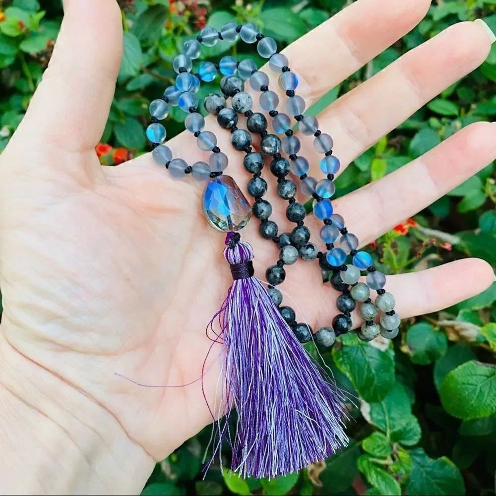 Spiritual Mystery Gemstone Mala Necklace Labradorite and Mermaid Glass